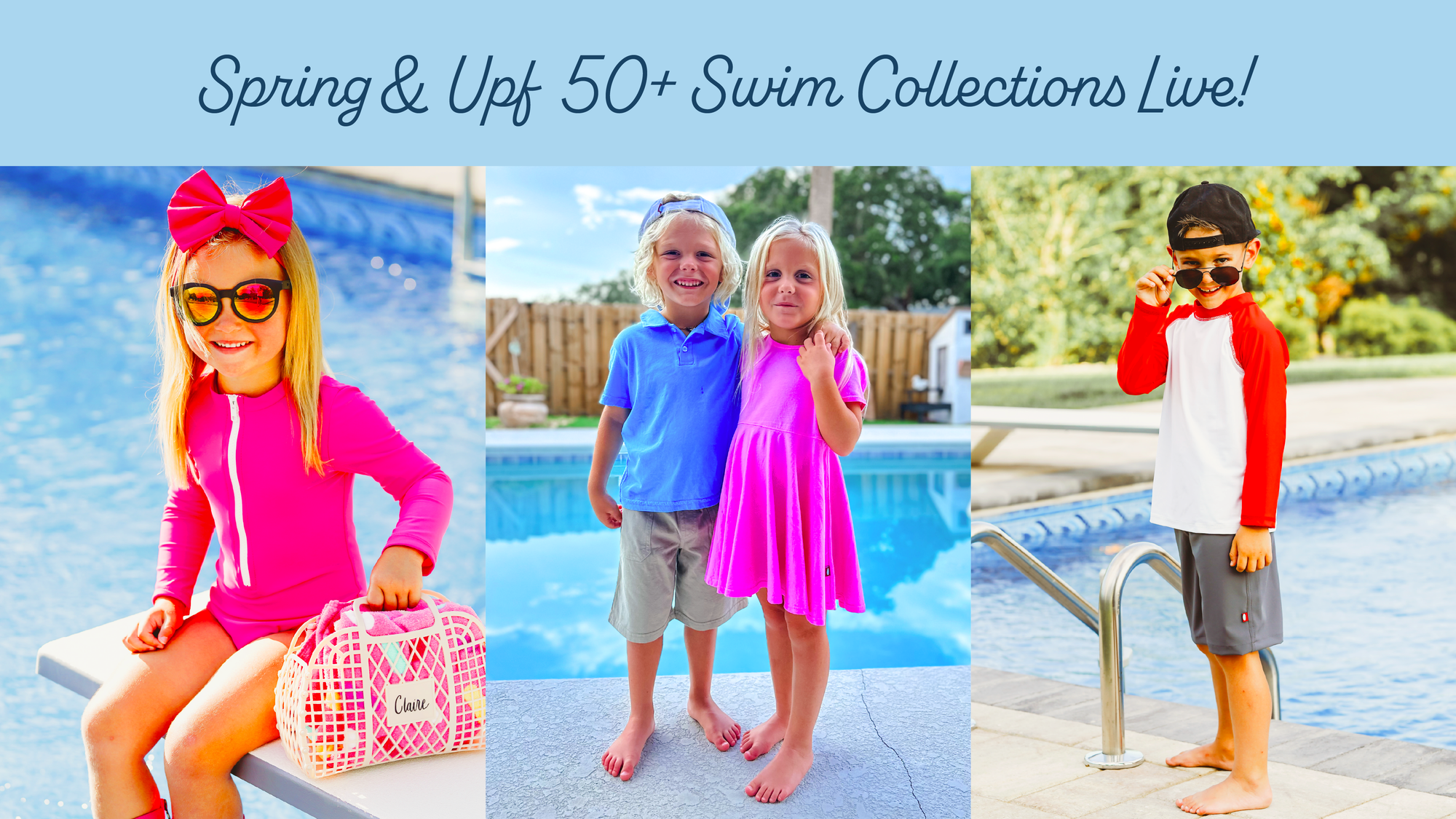 Kids standing by a pool in comfortable Spring clothing and swimwear
