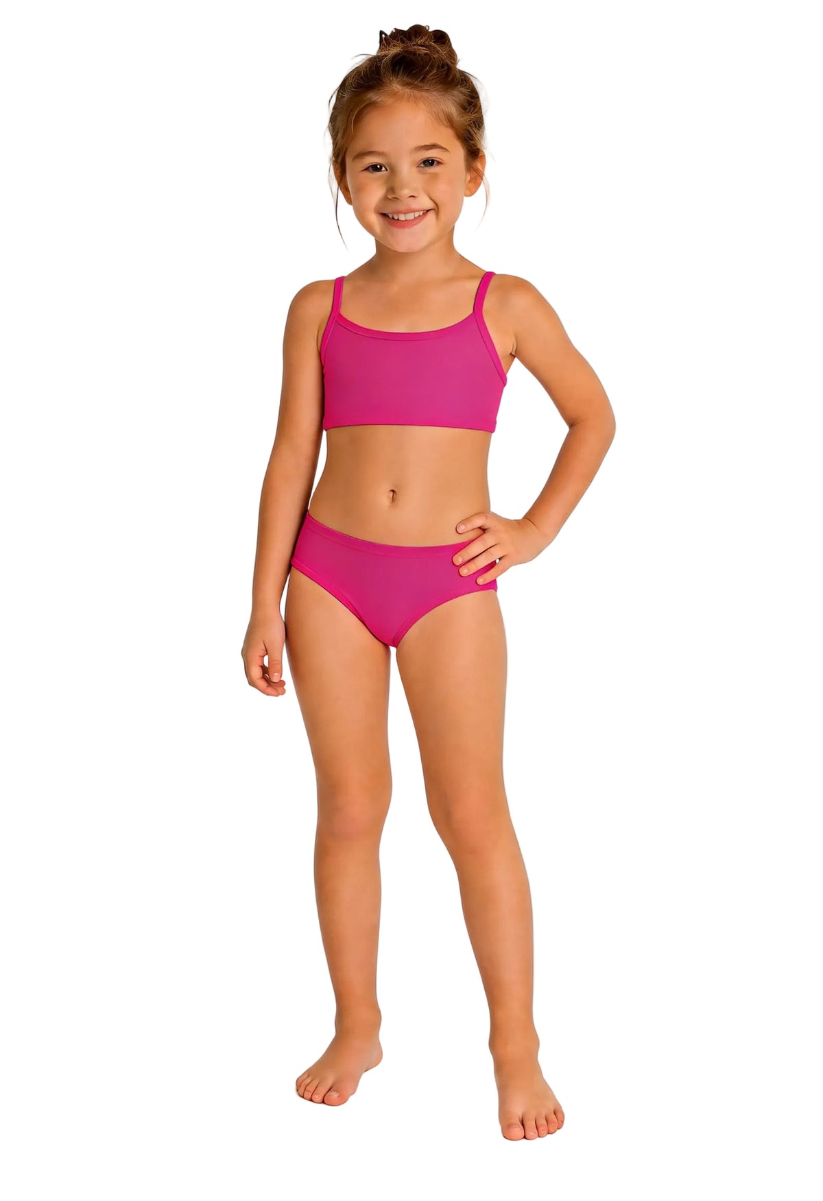 Young girl wearing a pink bikini set on a white background