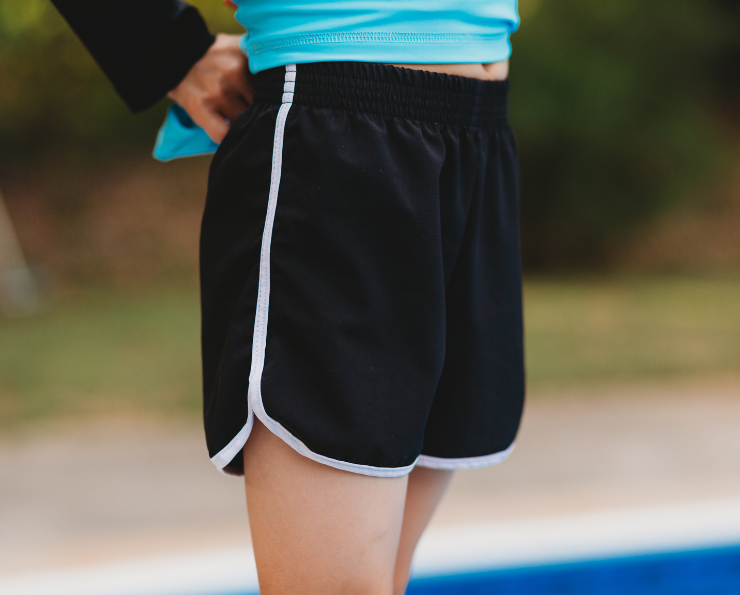 Boys UPF 50+ Classic Surf Style Boys Swim Shorts - Mid-Thigh Length | Navy w/ Red