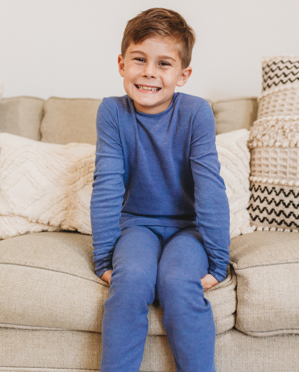 Boys Soft & Cozy Thermal 2-Piece Long Johns | Bright Light Blue w- Orange  Stitch