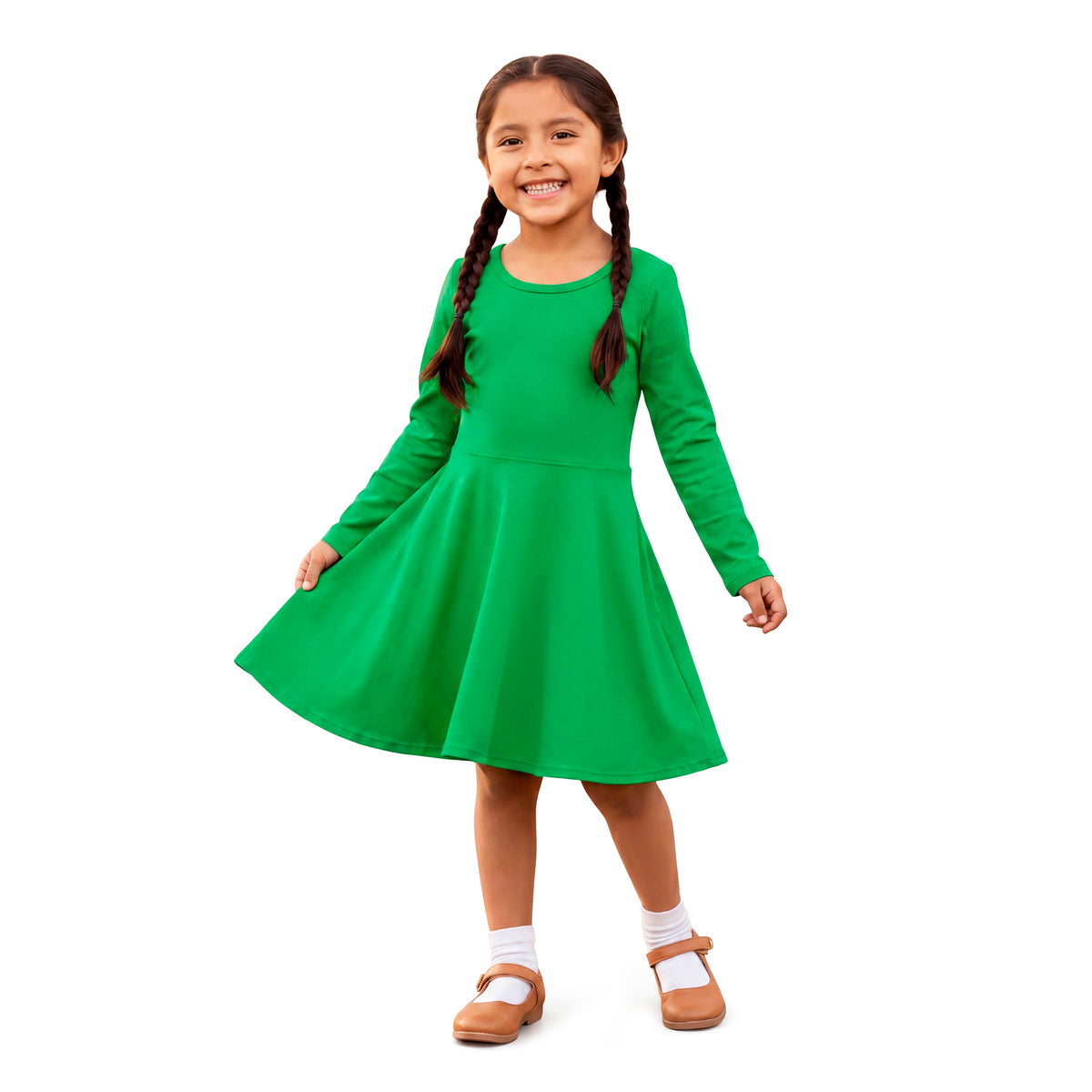 Girls Soft 100% Cotton Jersey Long Sleeve Twirly Dress | Elf Green