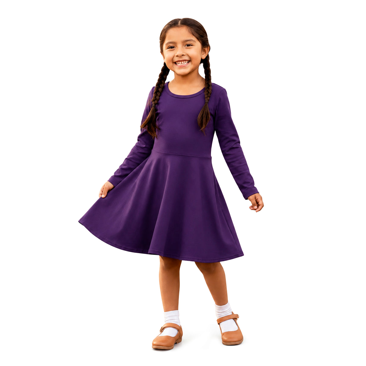 Girls Soft 100% Cotton Jersey Long Sleeve Twirly Dress | Purple