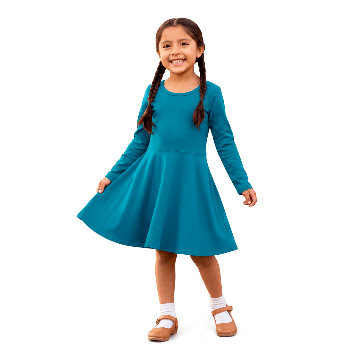 Girls Soft 100% Cotton Jersey Long Sleeve Twirly Dress | Teal