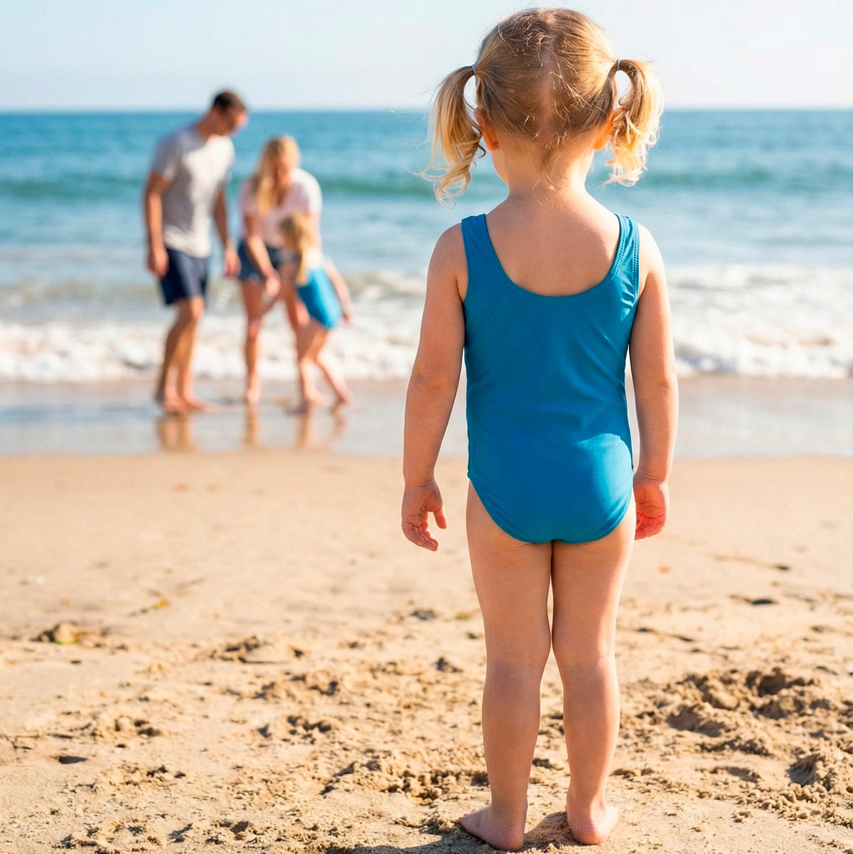 Child in a blue swimsuit standing on a beach with a family in the background.