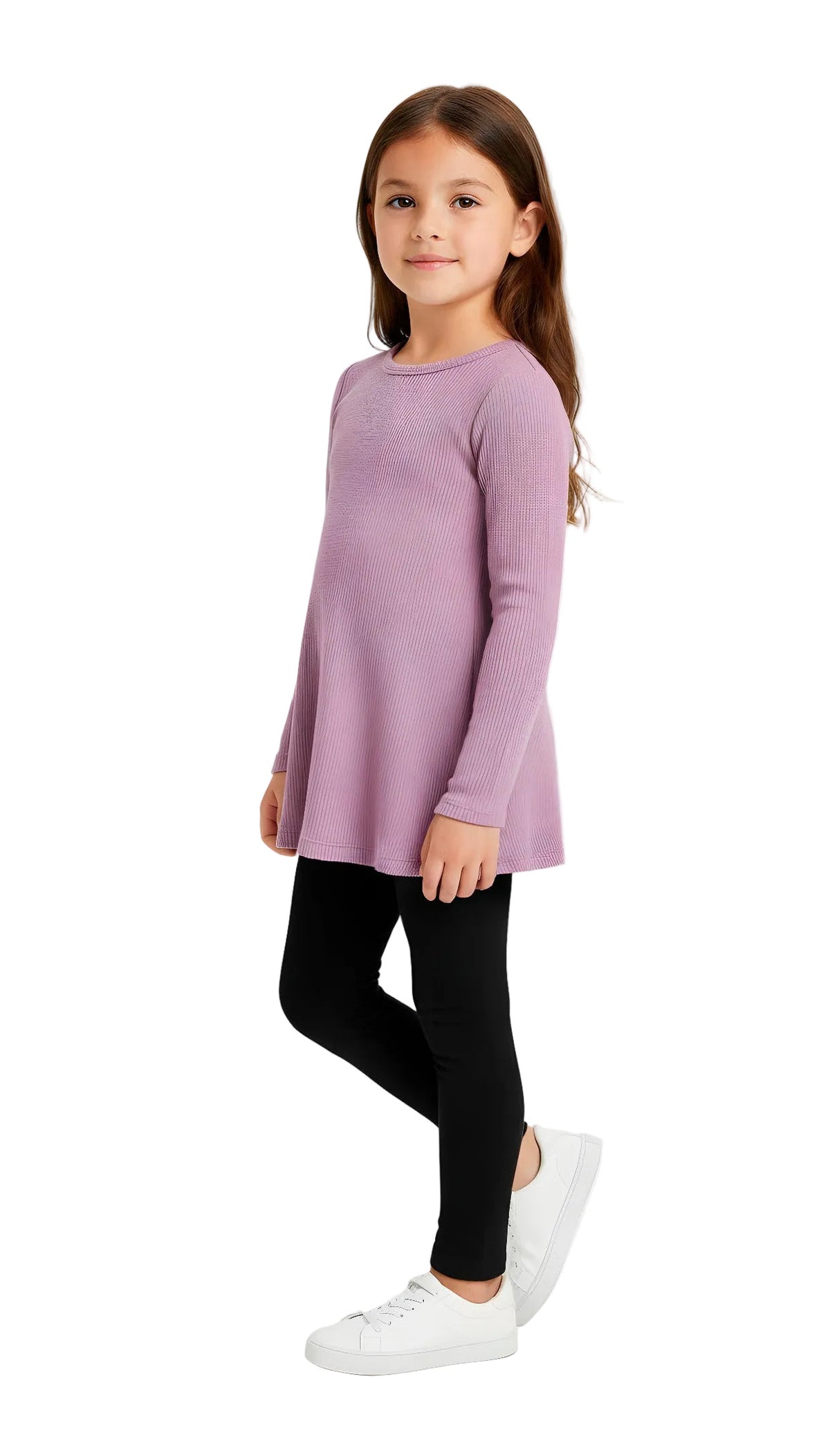 Young girl wearing a purple sweater and black leggings on a white background