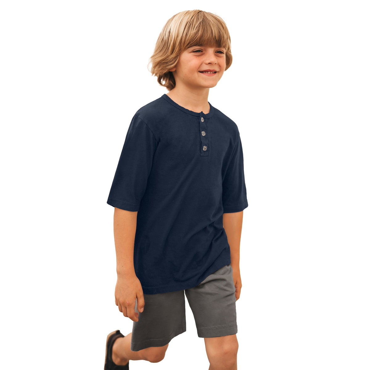 Boys Soft Organic Cotton Jersey Short Sleeve Henley Tee | Dark Navy