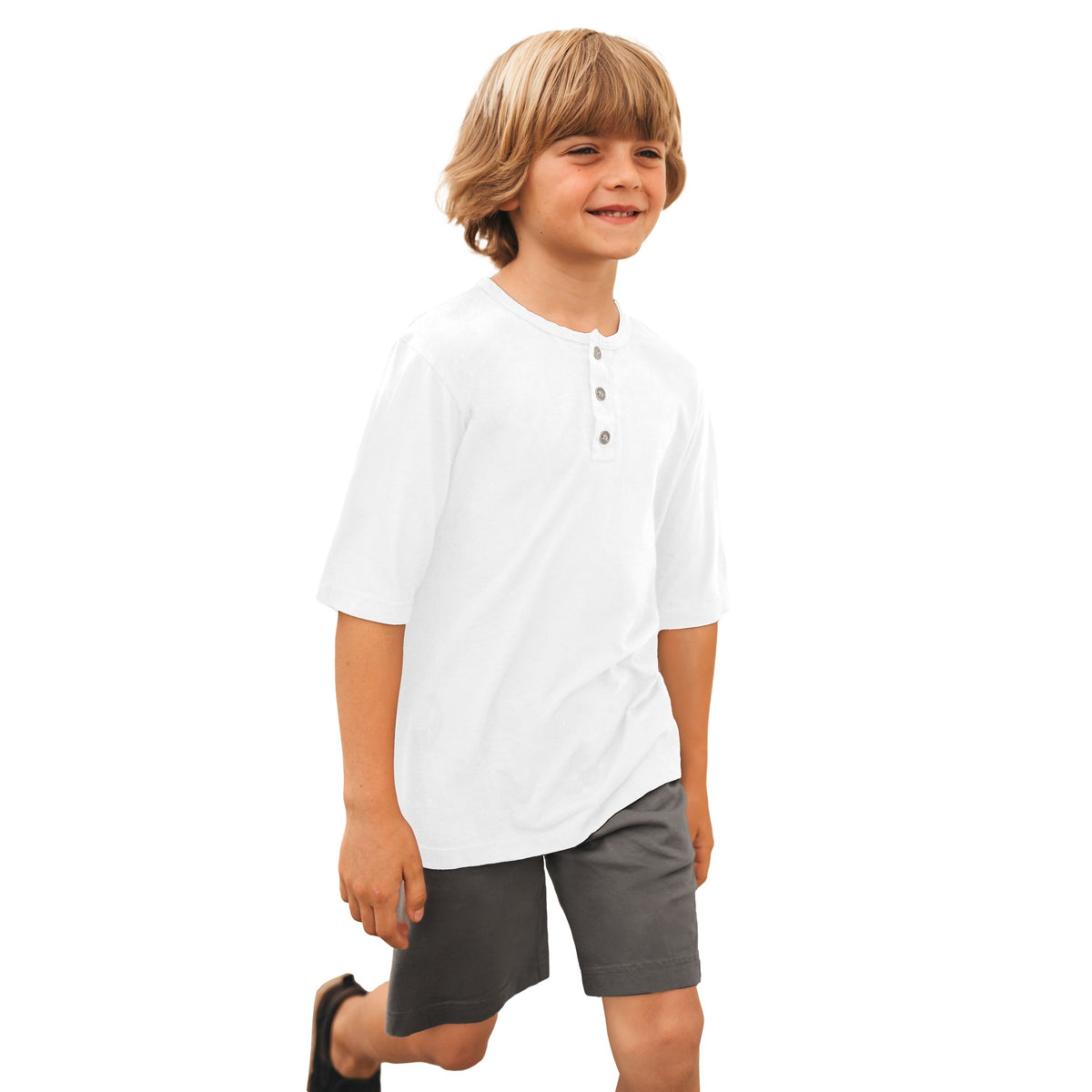 Boys Soft Organic Cotton Jersey Short Sleeve Henley Tee | White