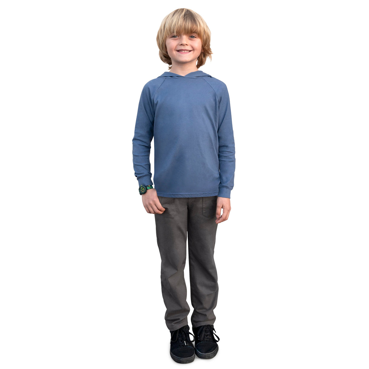 Boys Soft 100% Cotton Medium-Weight Long Sleeve Hooded Tee With Cuffs | Midnight