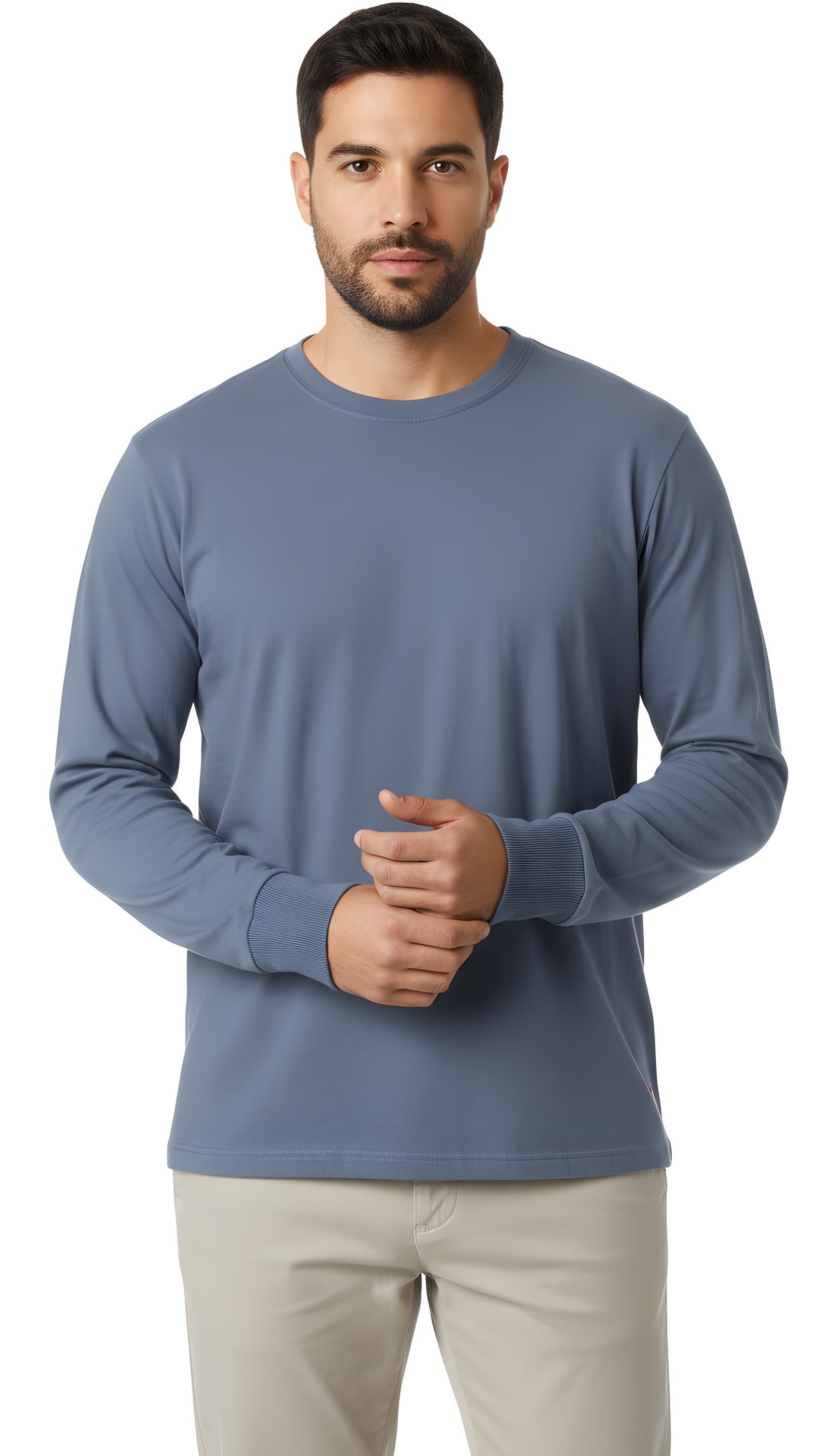 Men's Soft 100% Cotton Medium-Weight Long Sleeve Crew Tee With Cuffs | Denim Blue