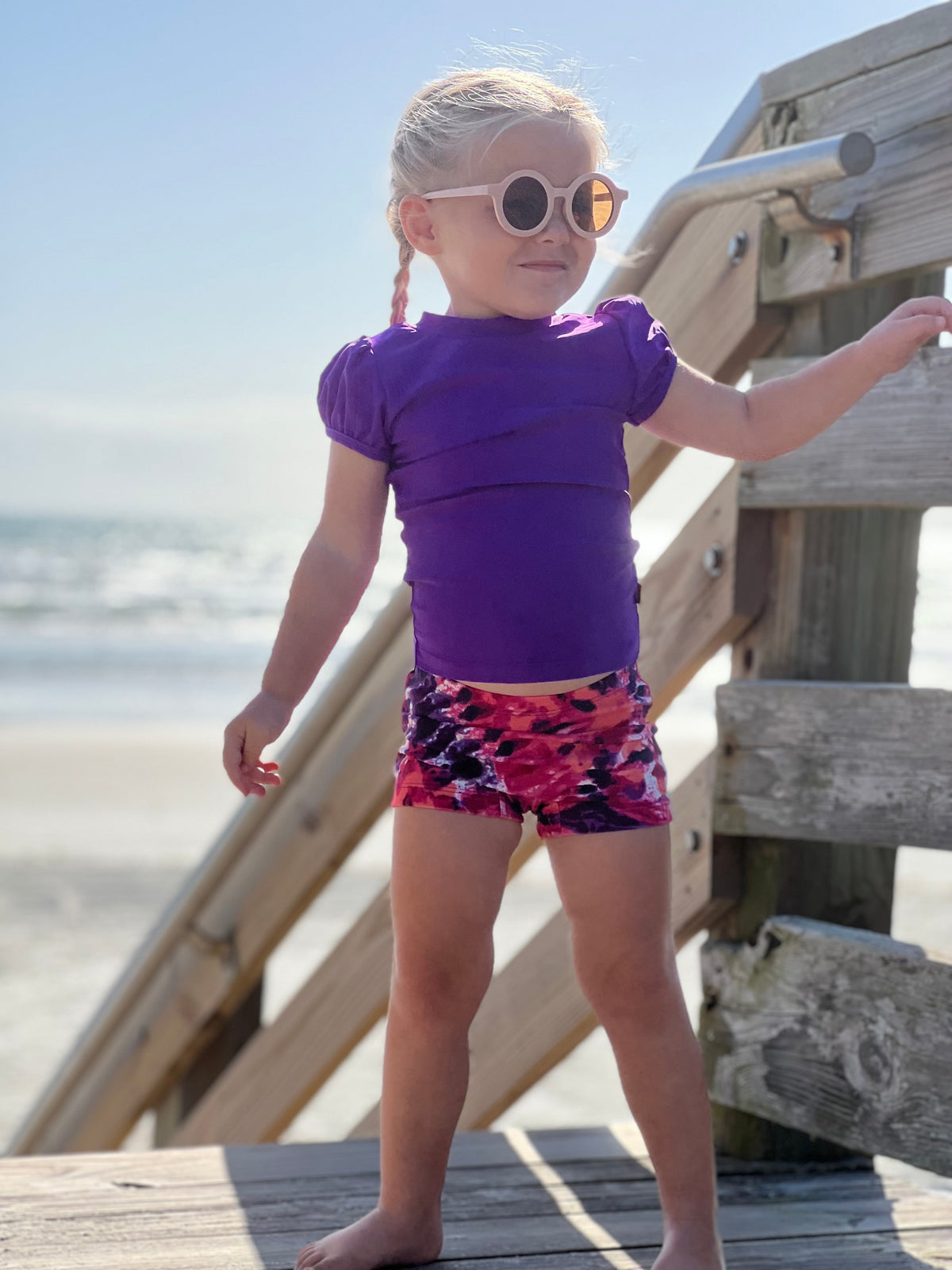 Girls UPF 50+ Printed Swim Boy Shorts | Pink w- White Polka Dot