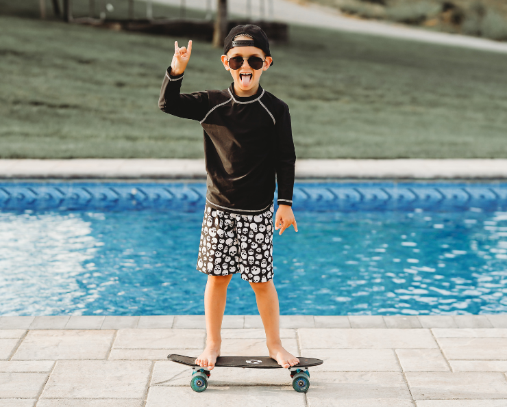 Boys UPF 50+ Recycled Polyester Soft Stretch Below the Knee Printed Swim Board Shorts  | Rainbow
