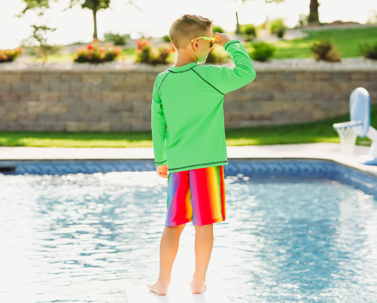 Boys UPF 50+ Recycled Polyester Soft Stretch Below the Knee Printed Swim Board Shorts  | Rainbow