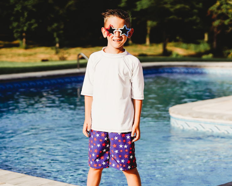 Boys UPF 50+ Recycled Polyester Soft Stretch Below the Knee Printed Swim Board Shorts | Space