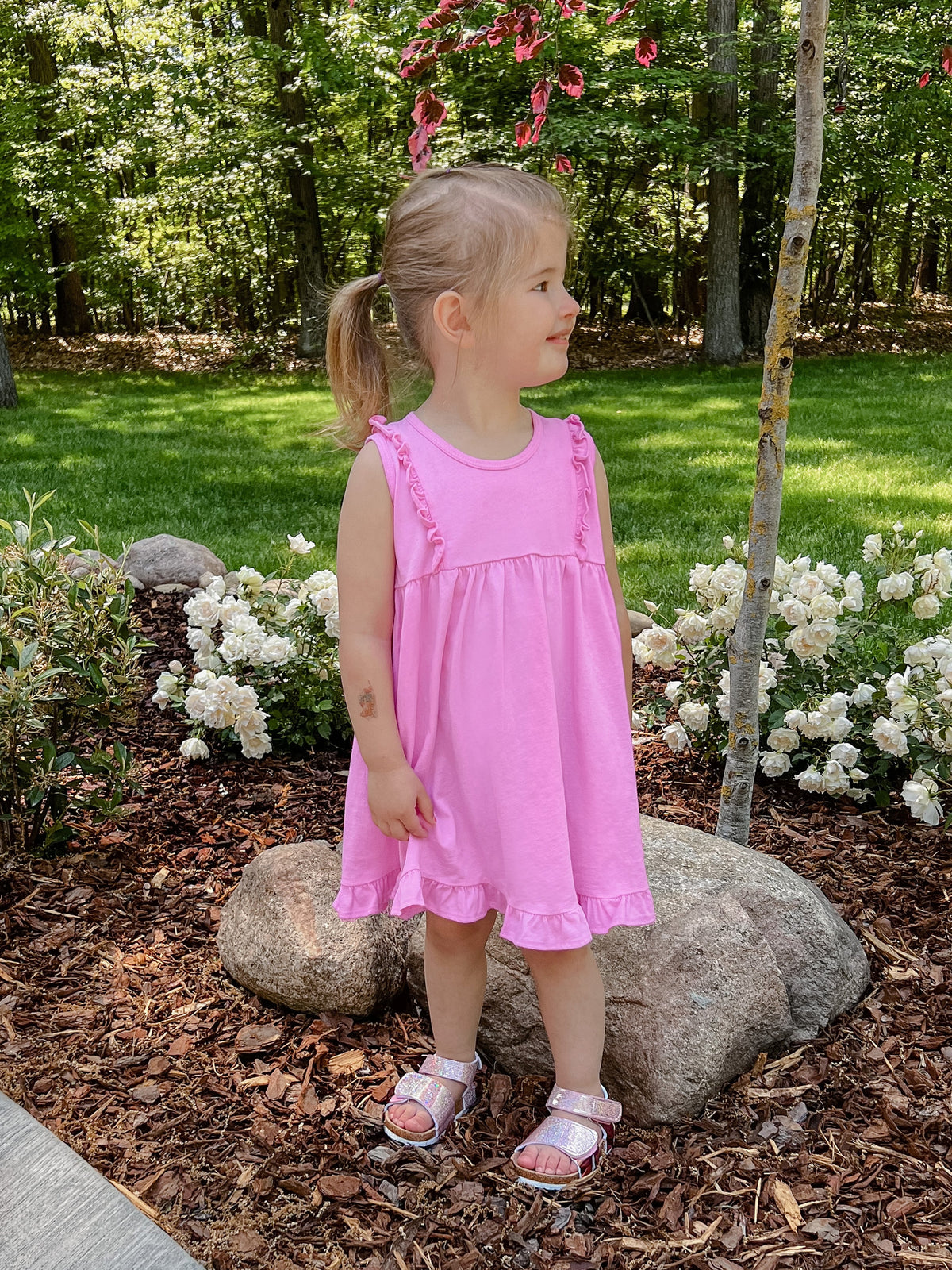 Girls Soft Cotton Jersey Flutter Tank Dress | Hot Pink