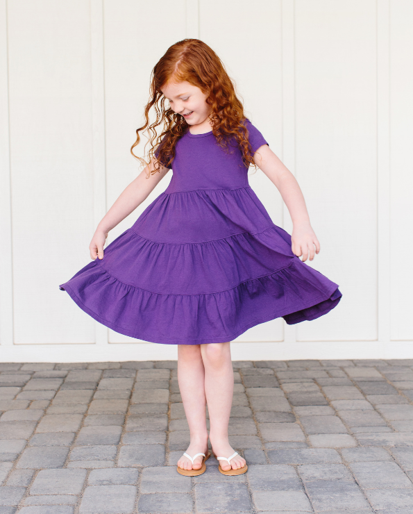 Girls Soft Cotton Jersey Short Sleeve Tiered Dress | Purple