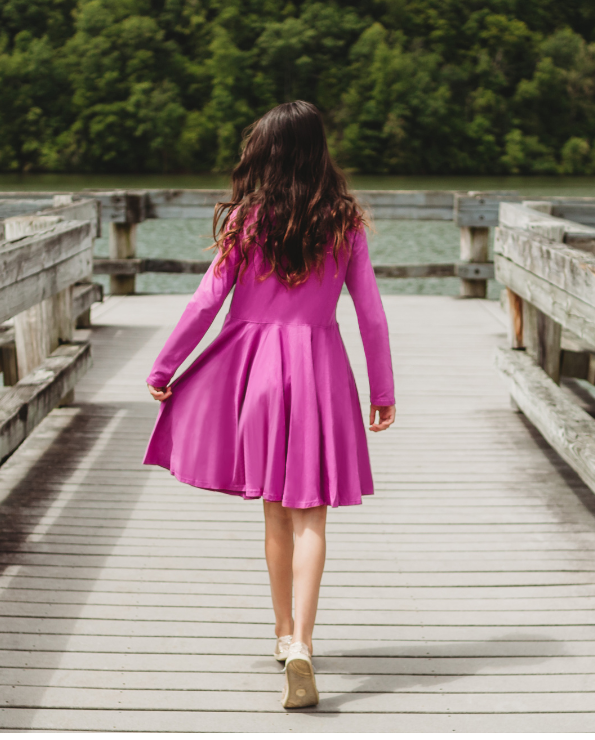 Girls Soft Cotton Jersey Long Sleeve Twirly Dress | Plum