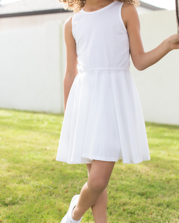 Girls Soft Cotton Jersey Twirly Tank Dress  | White