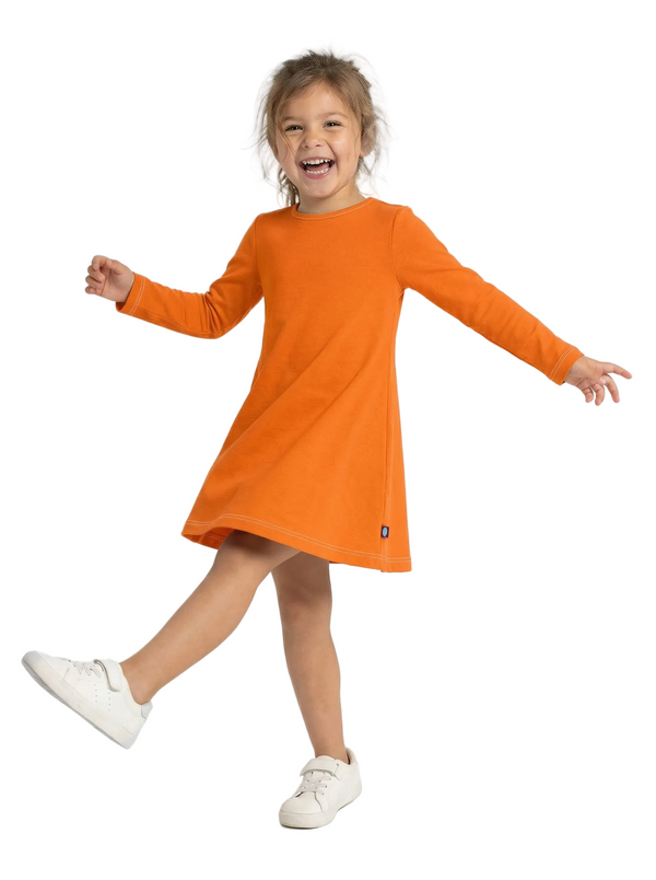 Girls Long Sleeve Baby Rib Cotton Dress | Orange - Super Comfy Kids Clothing, 100% Cotton, Sensory Friendly, USA Made Girls Long Sleeve Baby Rib Cotton Dress | Orange - Super Comfy Kids Clothing, 100% Cotton, Sensory Friendly, USA Made