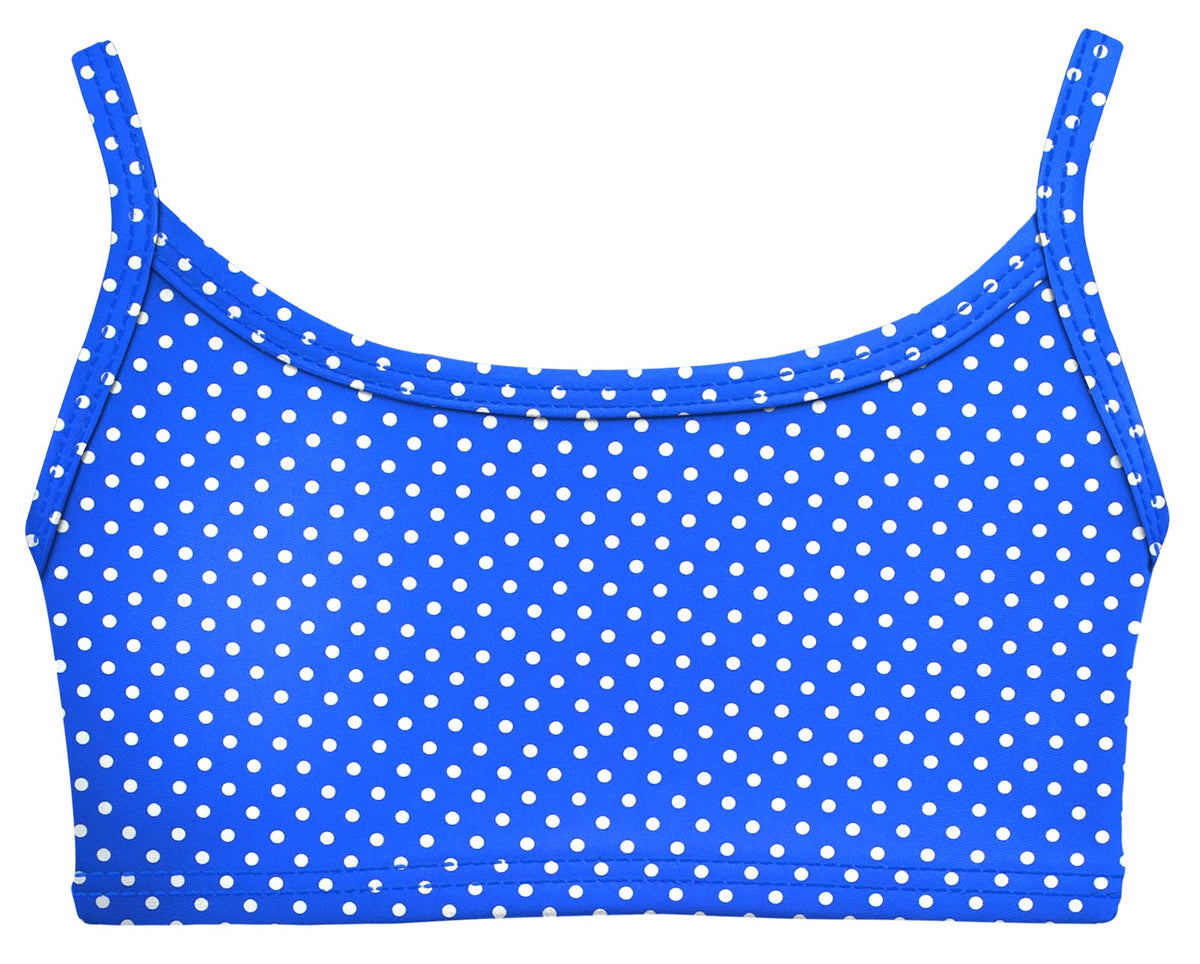Girls UPF 50+ Printed Bikini Swim Top | Sedona Blue w- White Polka Dot