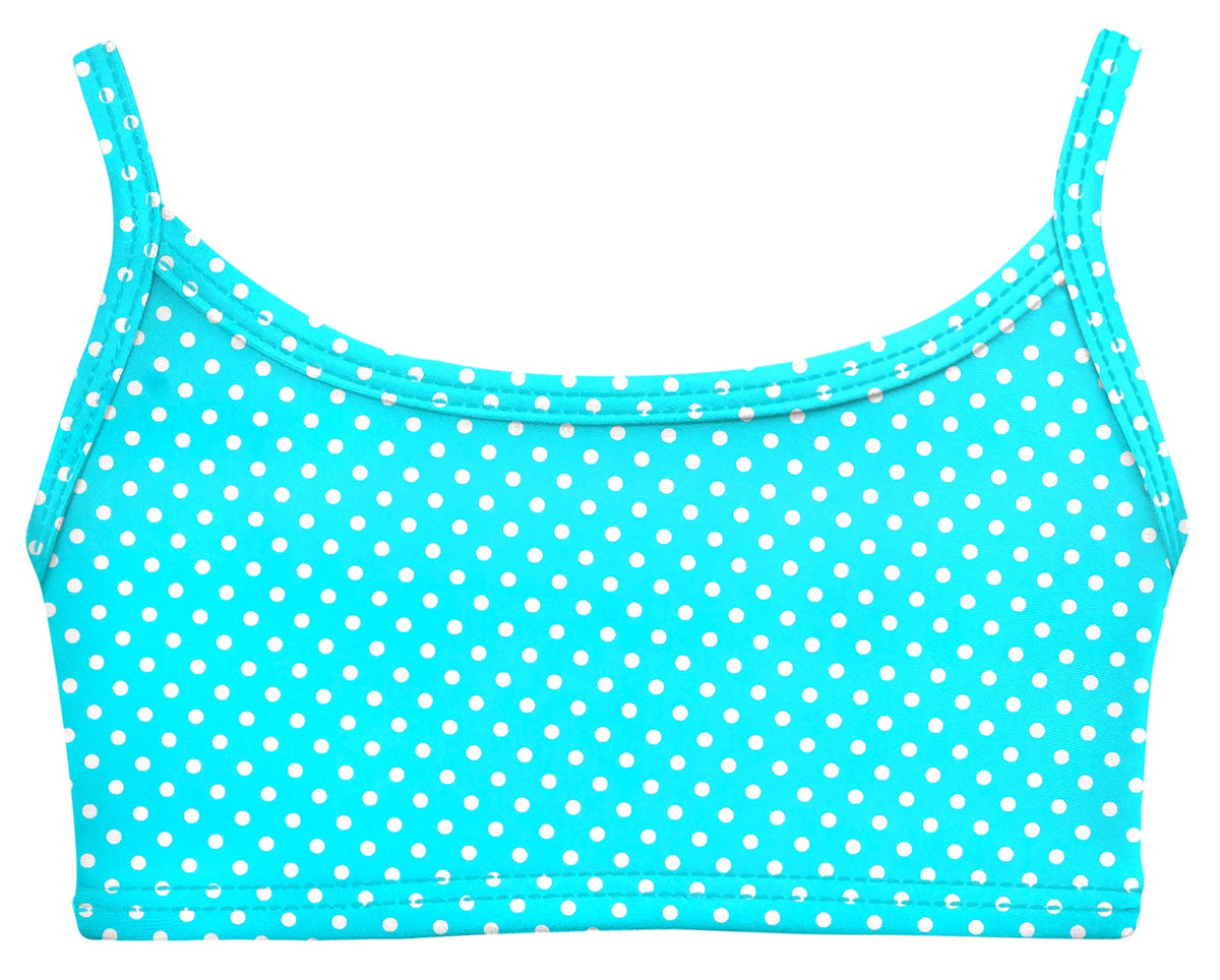Girls UPF 50+ Printed Bikini Swim Top | Turquoise w- White Polka Dot