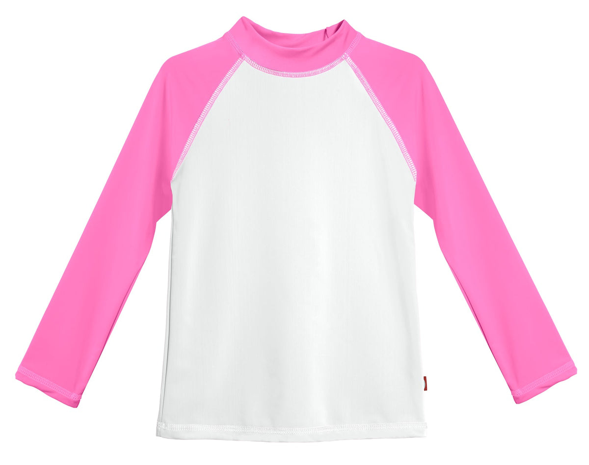 Girls UPF 50+ Color Block Long Sleeve Rashguard | White with Medium Pink