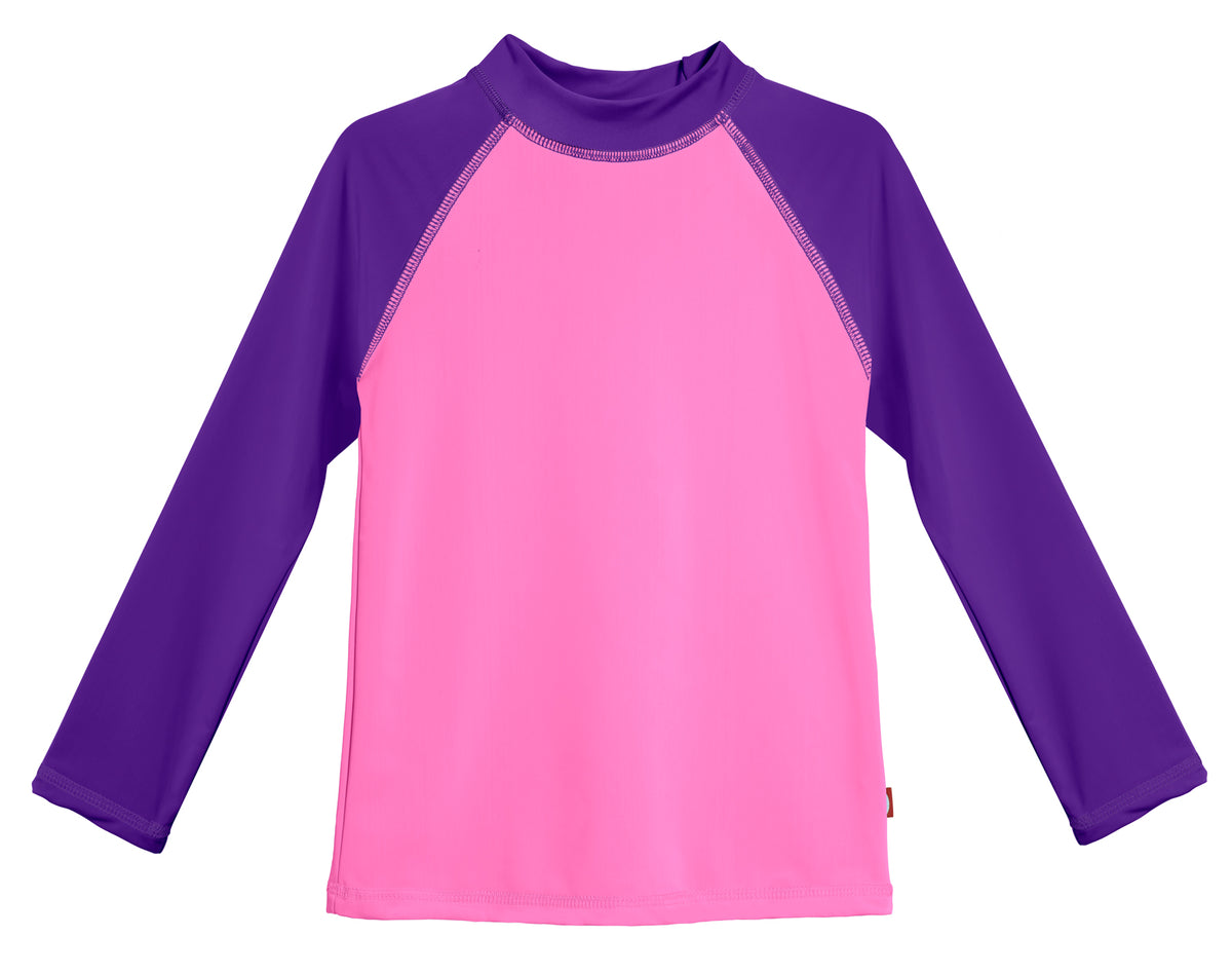 Girls UPF 50+ Color Block Long Sleeve Rashguard | Medium Pink with Purple