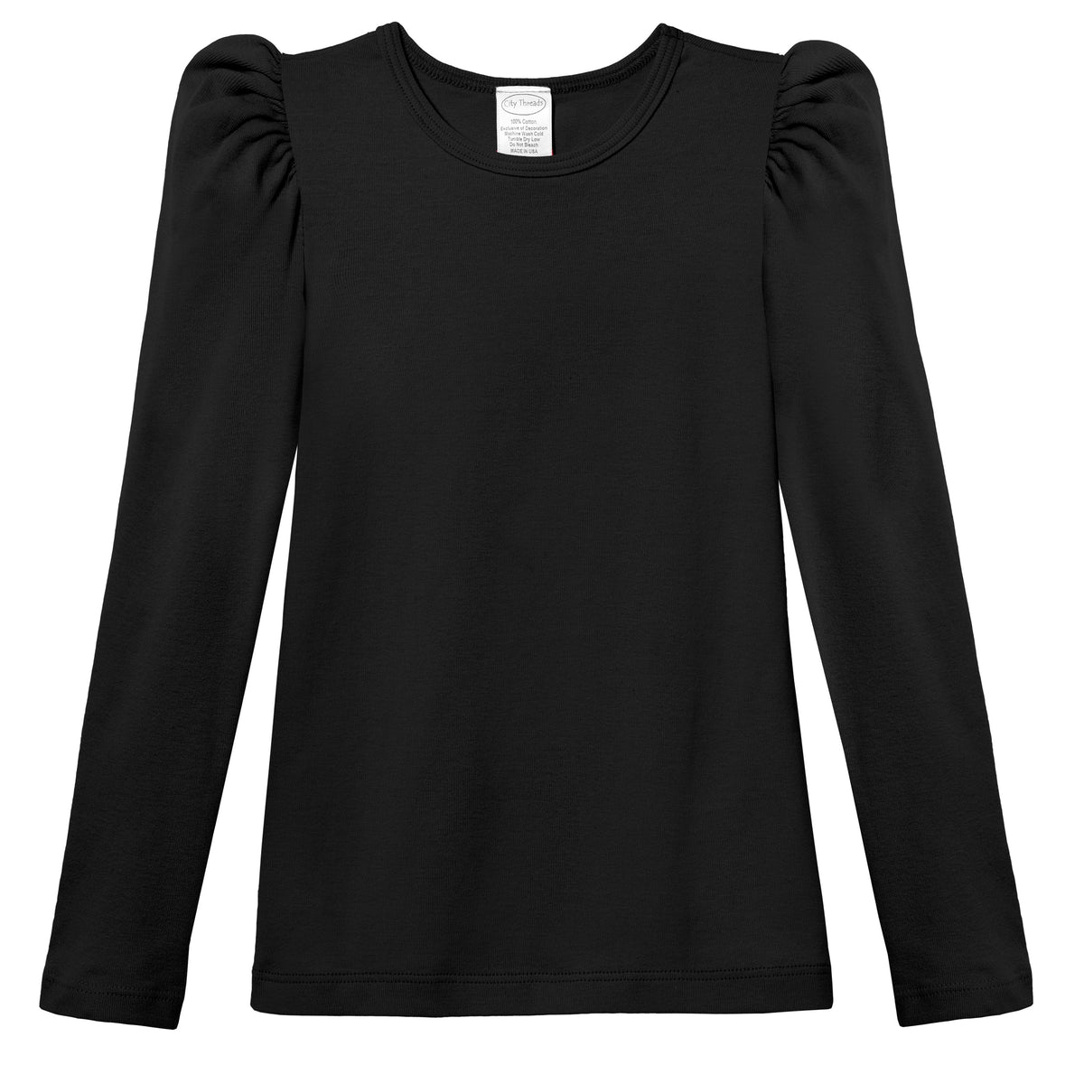 Girls Soft Cotton Puff Long Sleeve Tee | Black