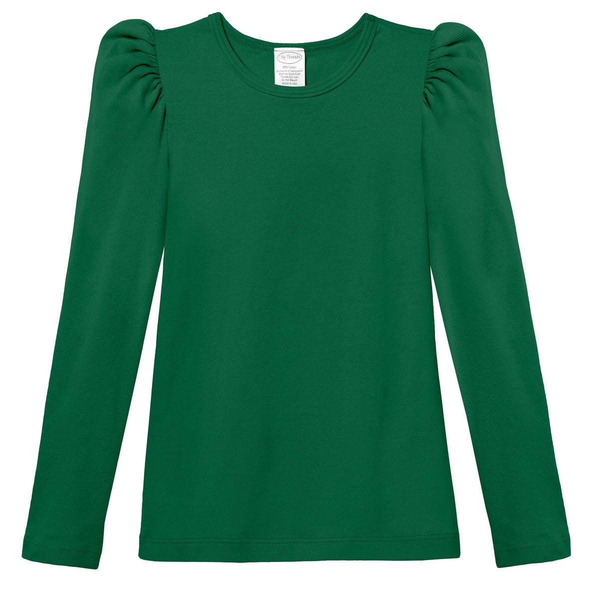 Girls Soft Cotton Puff Long Sleeve Tee | Forest Green