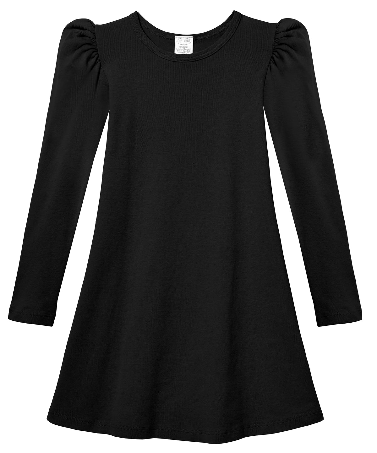 Girls Soft Cotton Puff Long Sleeve Dress | Black