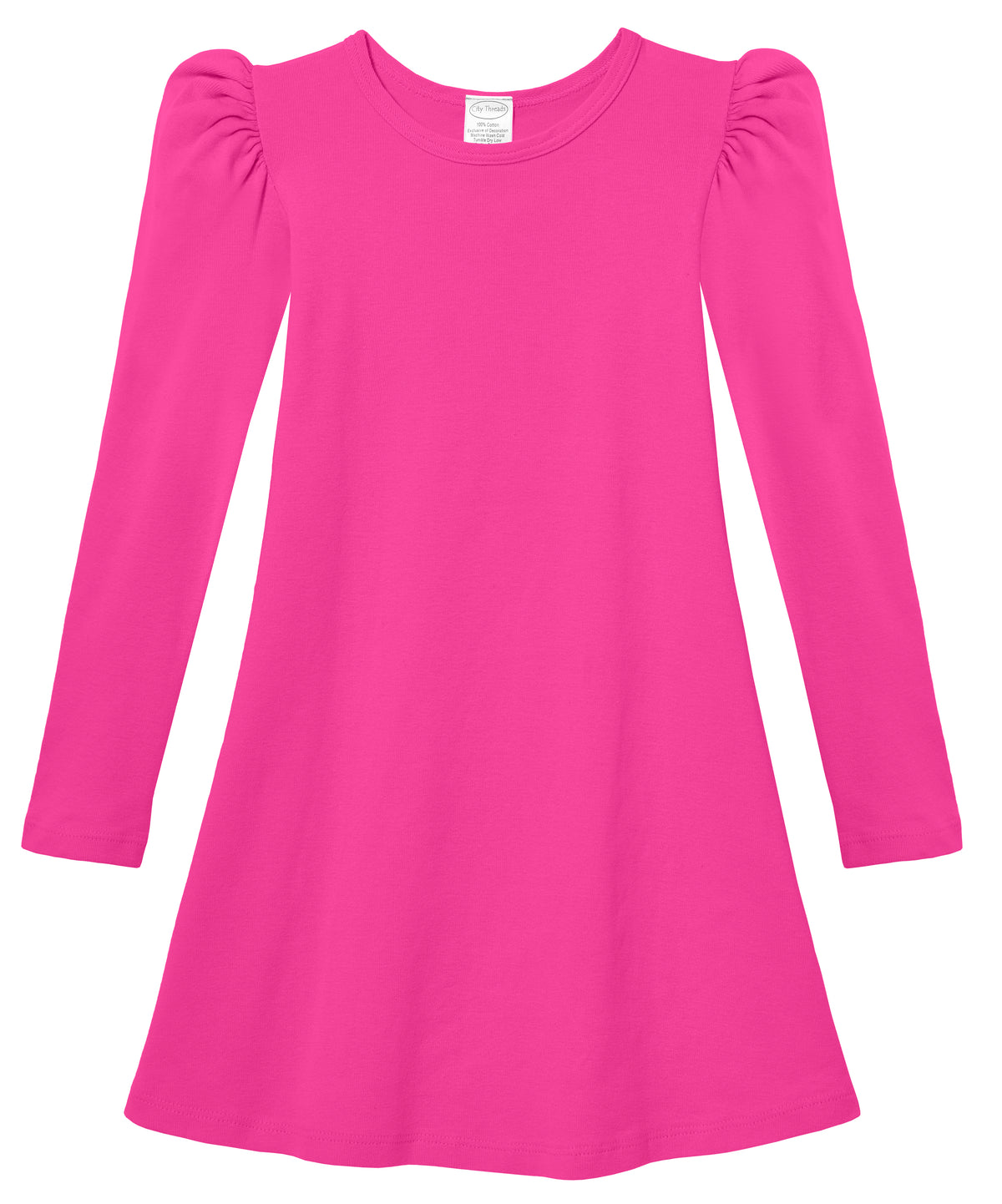 Girls Soft Cotton Puff Long Sleeve Dress | Hot Pink