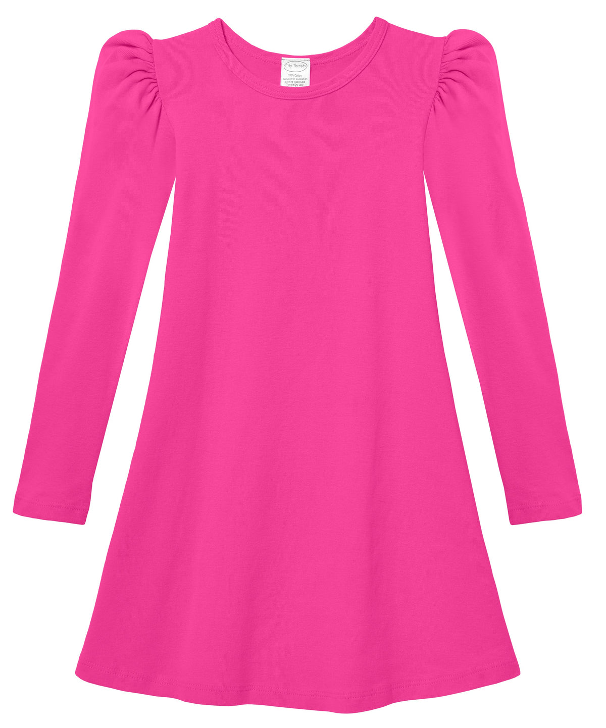 Girls Soft Cotton Puff Long Sleeve Dress | Hot Pink
