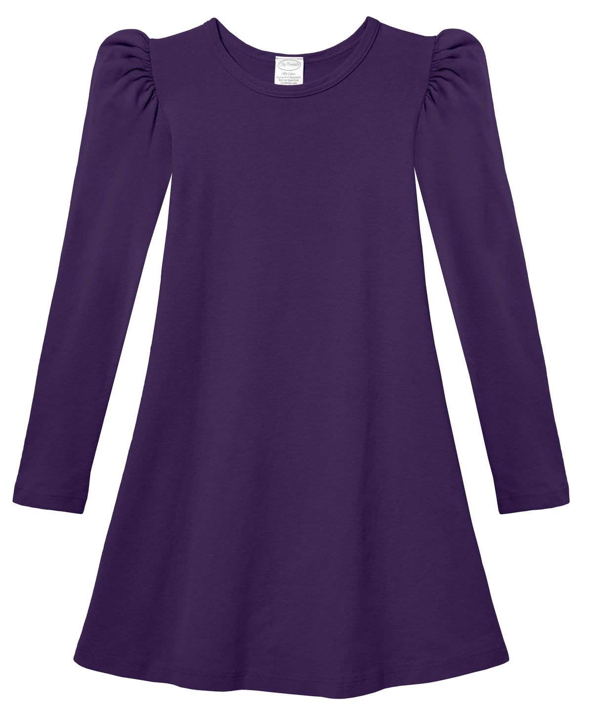 Girls Soft Cotton Puff Long Sleeve Dress | Purple