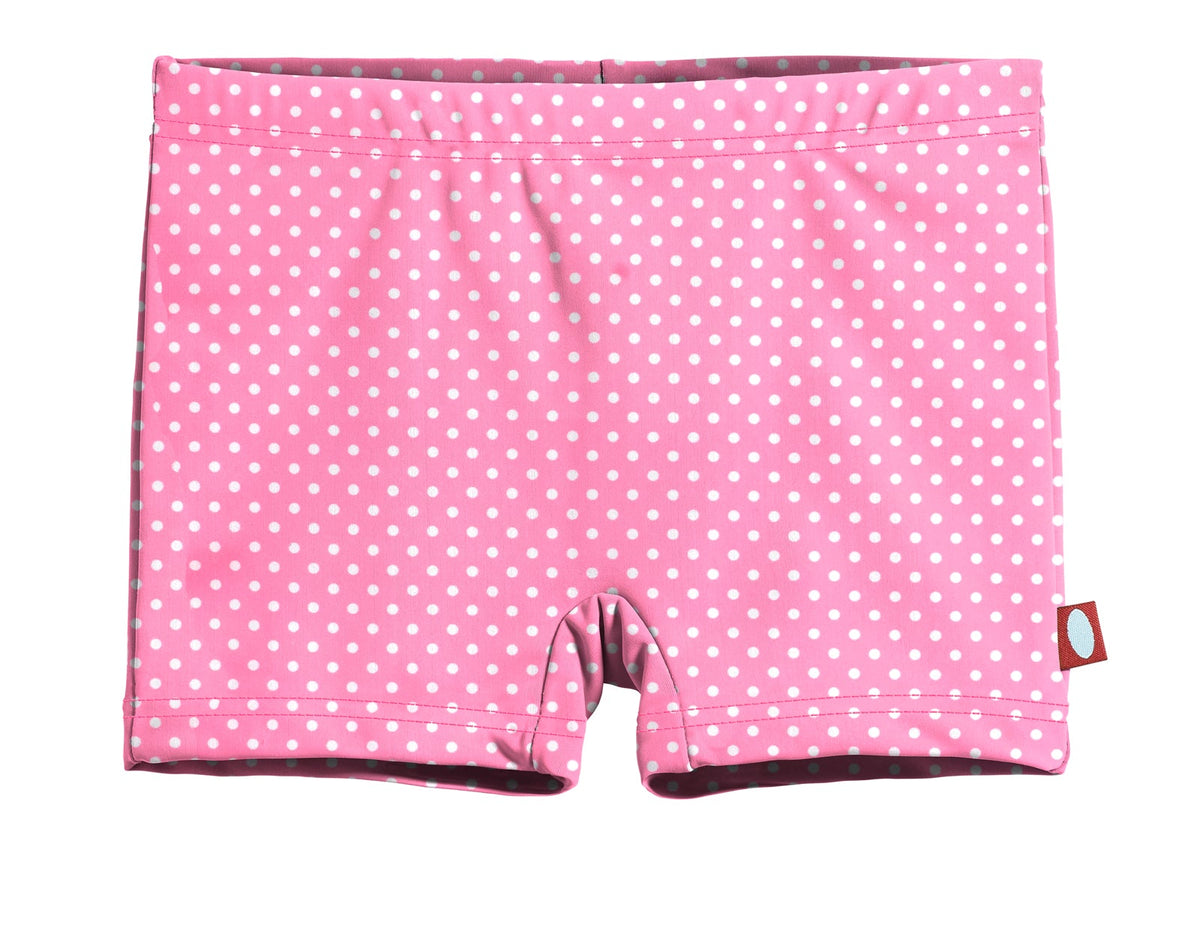 Girls UPF 50+ Printed Swim Boy Shorts | Pink w- White Polka Dot