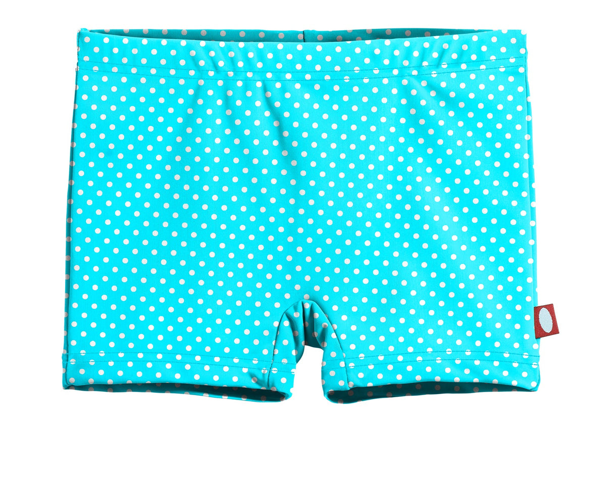 Girls UPF 50+ Printed Swim Boy Shorts | Turquoise w- White Polka Dot