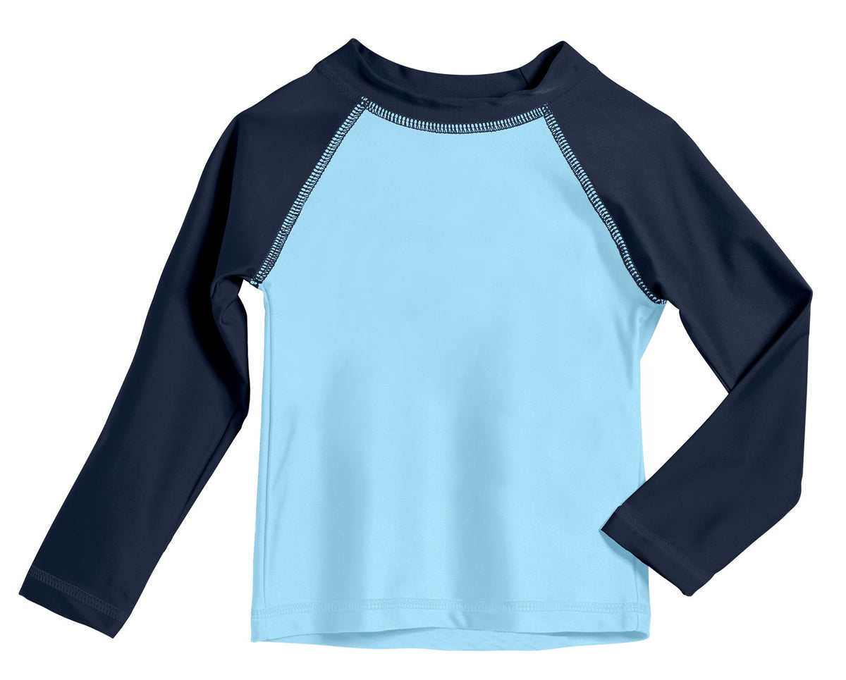 Boys UPF 50+ Color Block Solid Long Sleeve Rashguard | Bright Light Blue with Navy