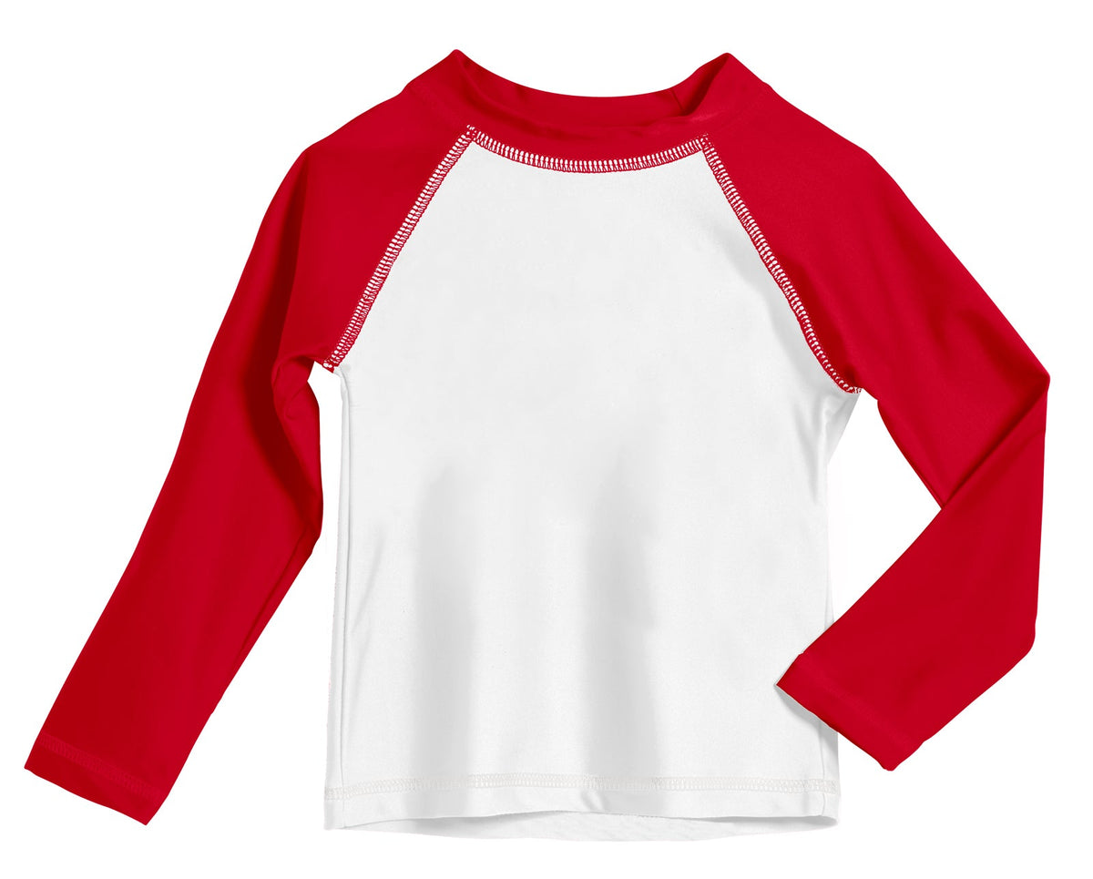 Boys UPF 50+ Color Block Solid Long Sleeve Rashguard | White with Red