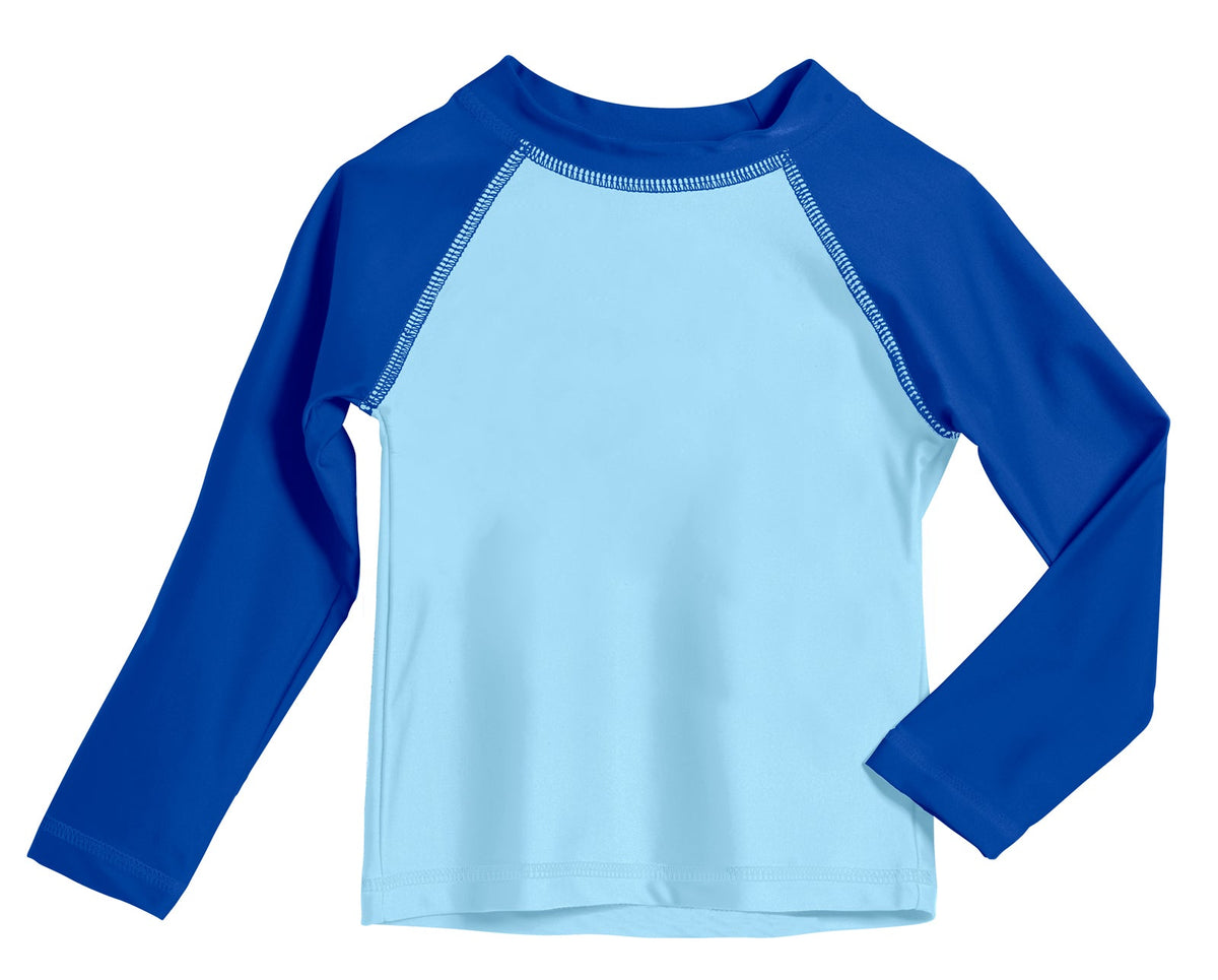 Boys UPF 50+ Color Block Solid Long Sleeve Rashguard | Bright Light Blue with Royal