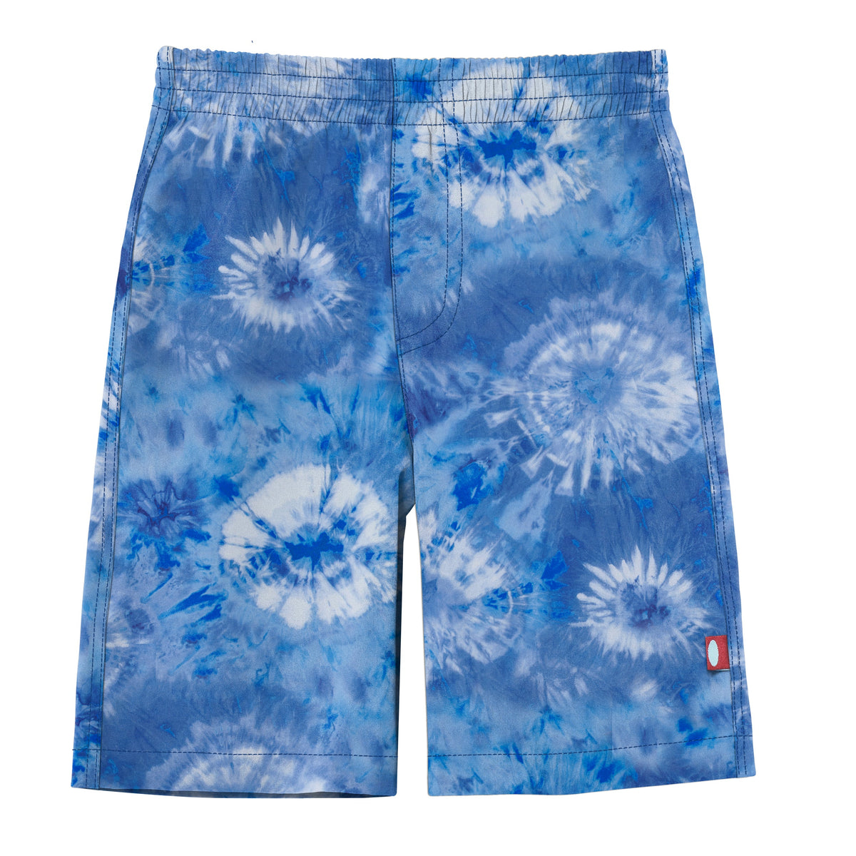 Boys UPF 50+ Recycled Polyester Soft Stretch Below the Knee Printed Swim Board Shorts | Tie Dye Blue White Flowers