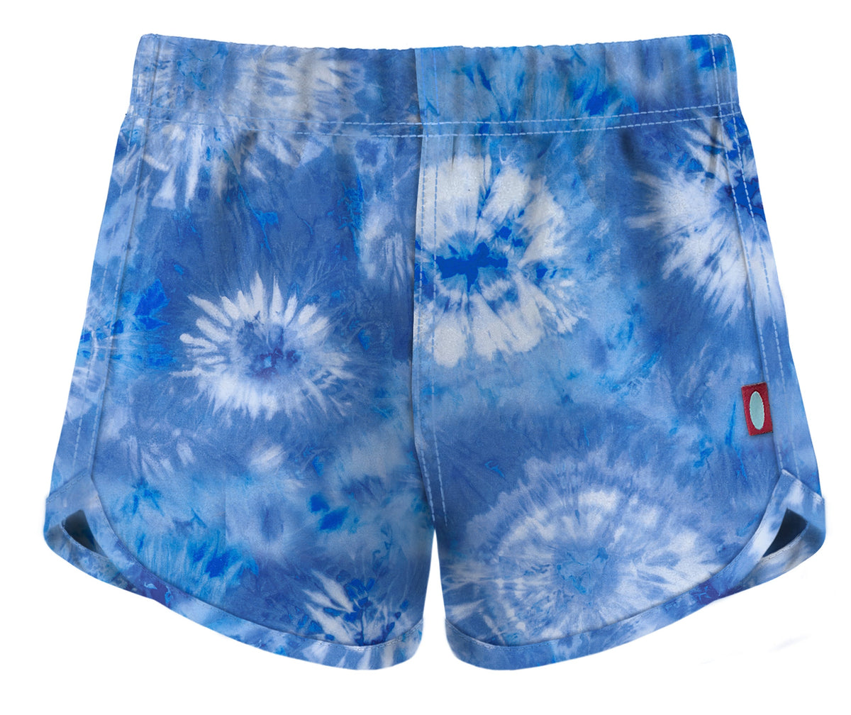 Girls UPF 50+ Recycled Poly Printed Swim Trunks | Tie Dye Blue White Flowers