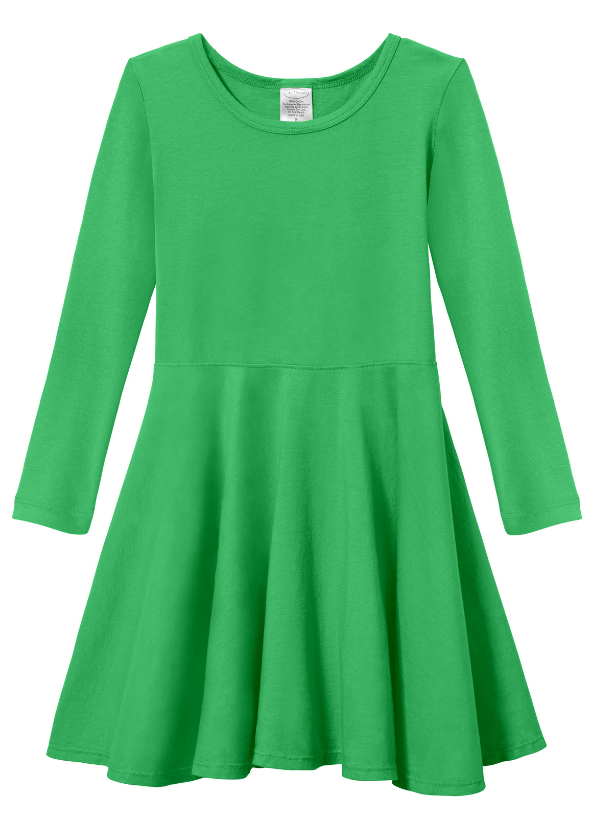 Girls Soft Cotton Jersey Long Sleeve Twirly Dress | Elf Green