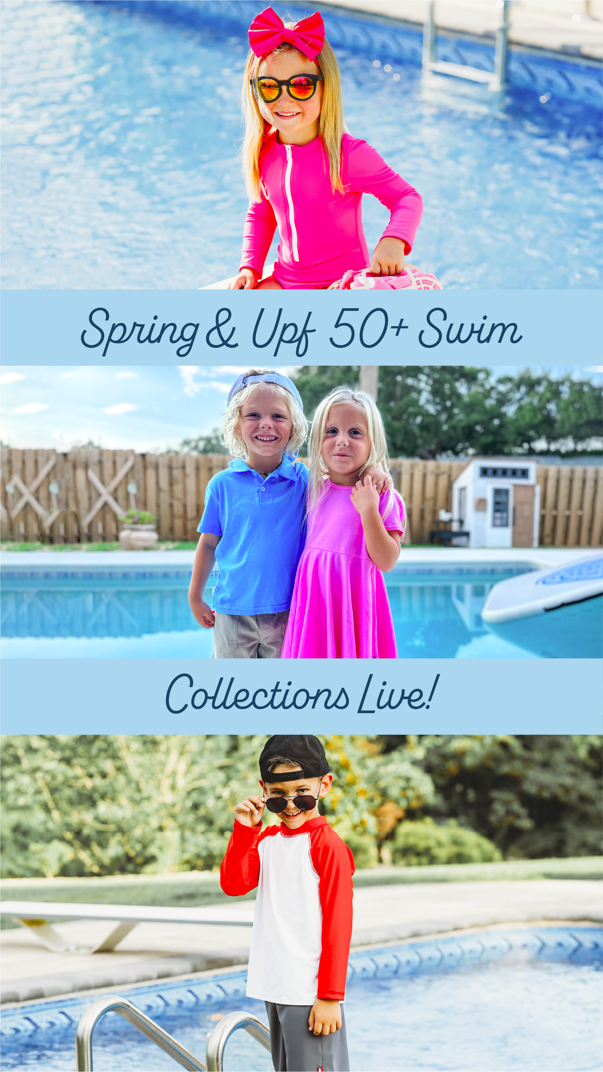 Kids standing by a pool wearing comfortable spring clothing and swimwear.