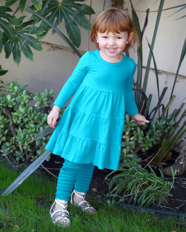 Girls Soft Cotton Jersey Long Sleeve Tiered Dress | Turquoise