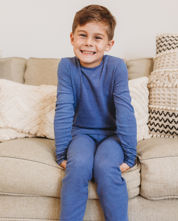 Boys Soft &amp; Cozy Thermal 2-Piece Long Johns | Forest Green w- Baby Blue Stitch
