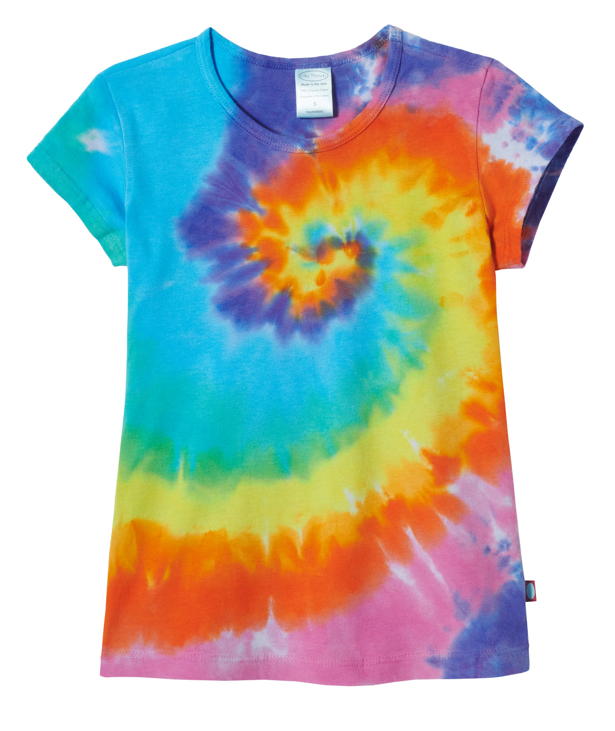 Girls Tie-Dye Soft Organic Cotton Jersey Cap Sleeve Crew Tee | Rainbow Spiral