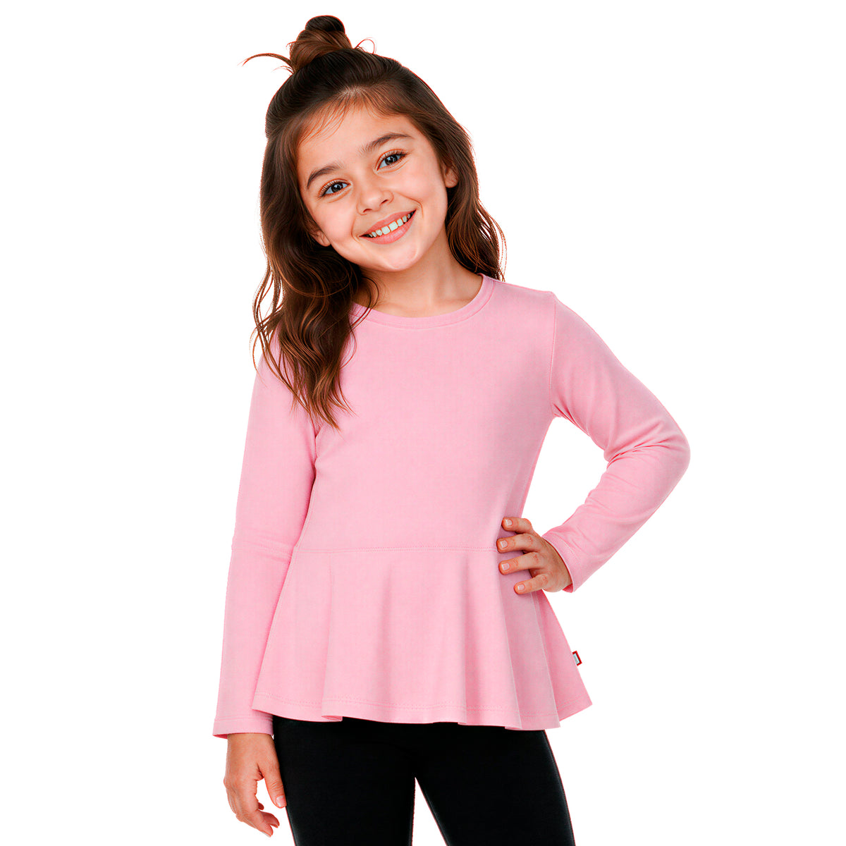 Girls Soft 100% Cotton Long Sleeve Peplum Tee | Pink