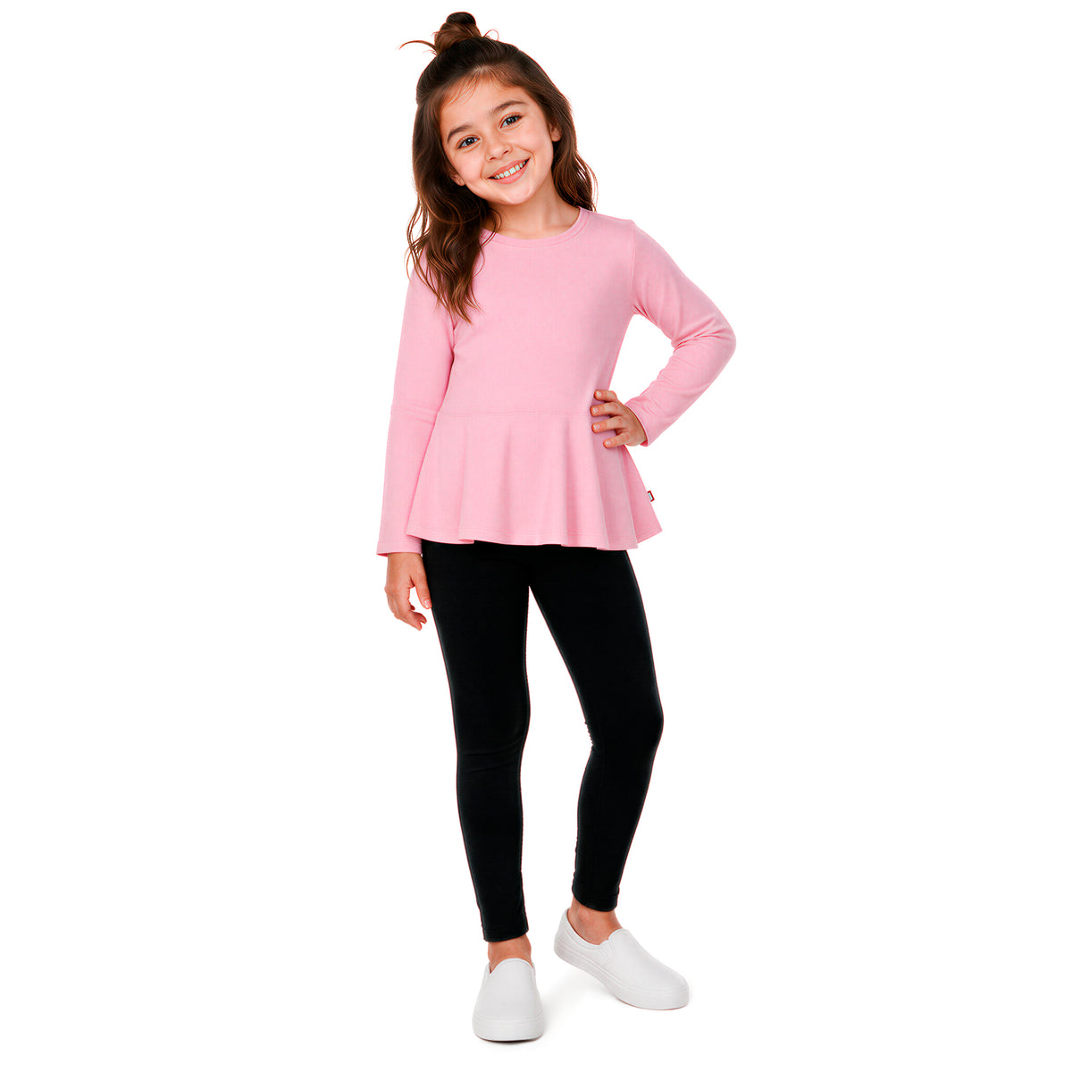 Girls Soft 100% Cotton Long Sleeve Peplum Tee | Pink