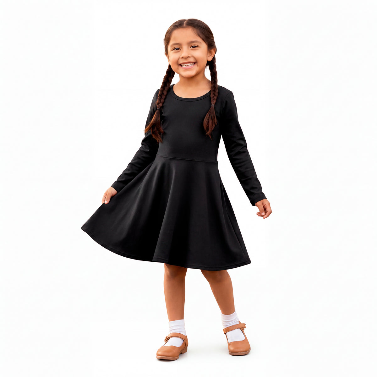 Girls Soft 100% Cotton Jersey Long Sleeve Twirly Dress | Black
