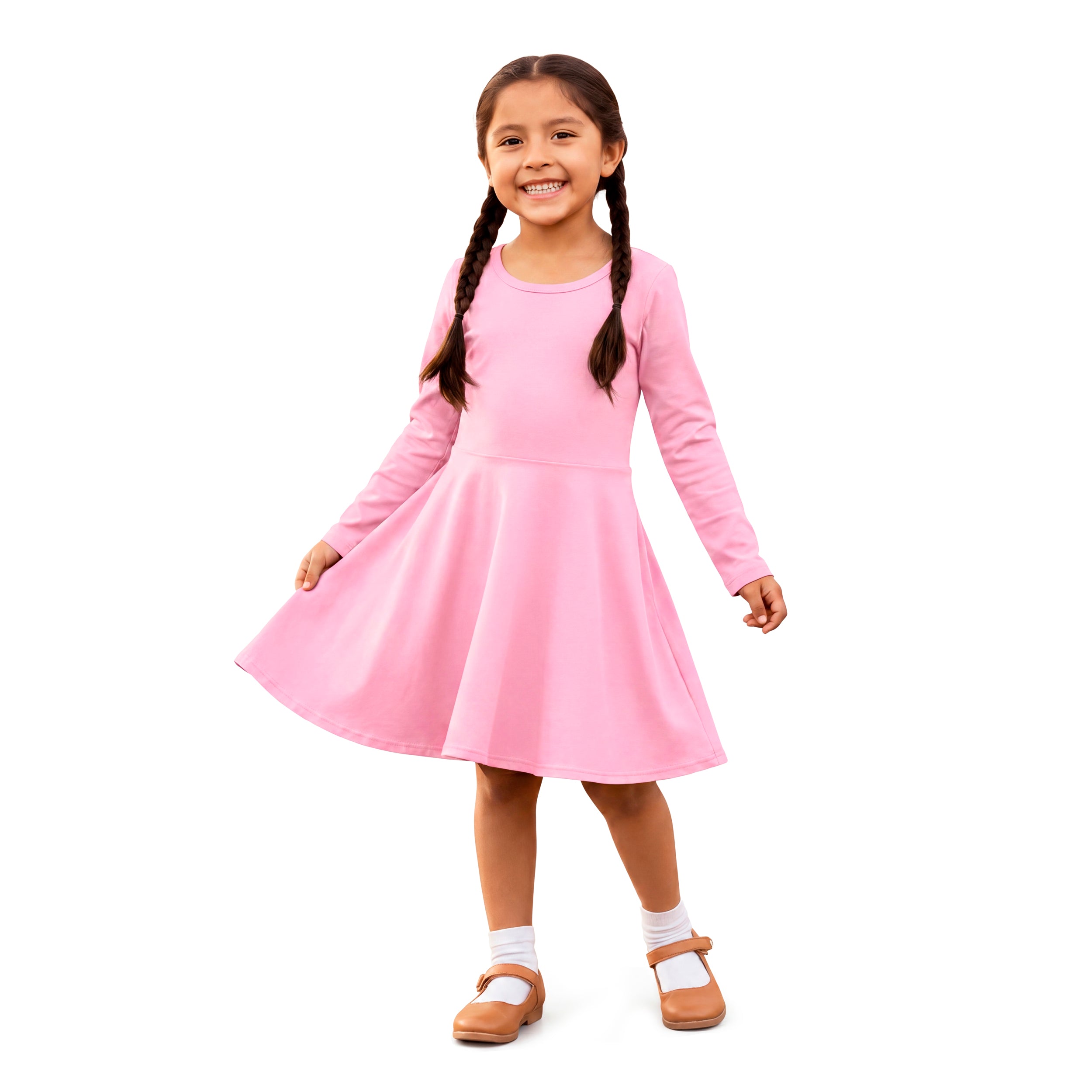 Girls Soft Cotton Jersey Long Sleeve Twirly Dress | Bright Light Pink, 4T / Bright Light Pink
