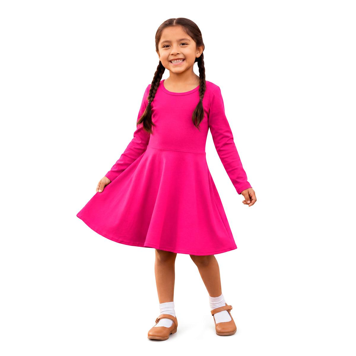 Girls Soft Cotton Jersey Long Sleeve Twirly Dress | Hot Pink