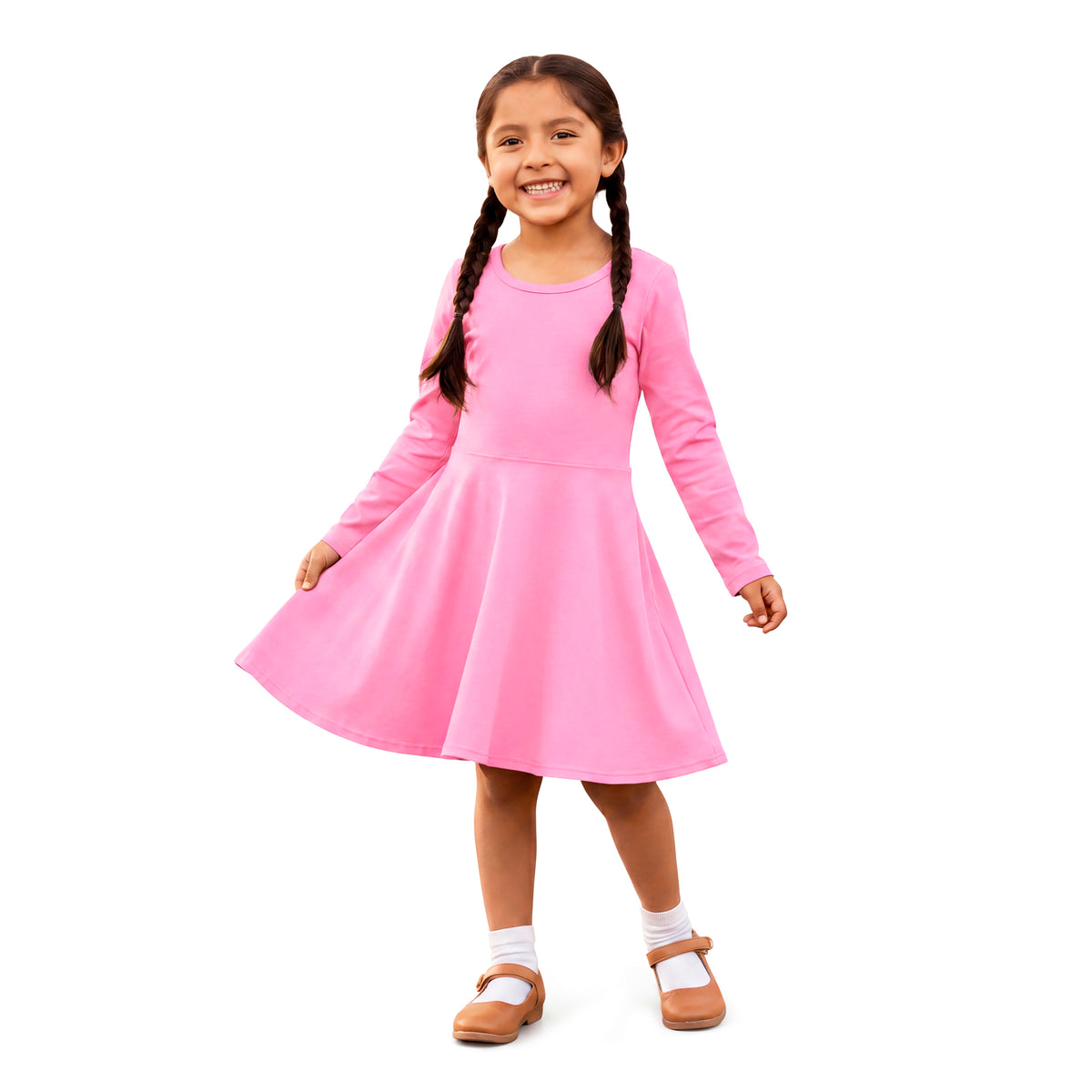 Girls Soft 100% Cotton Jersey Long Sleeve Twirly Dress | Medium Pink